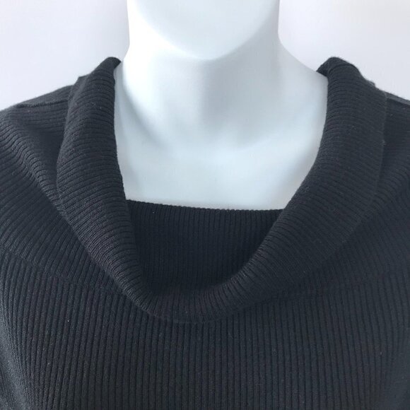 H by HALSTON LBD, black stretchy knit dress, cowl neck, mesh sleeves, sz M - Picture 4 of 14